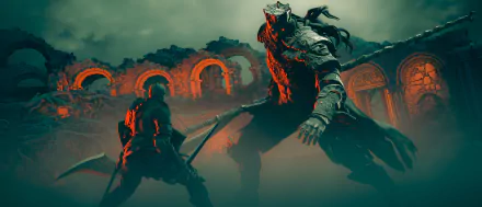 4K Ultra HD Dark Souls III PC wallpaper featuring an intense battle scene with a knight facing a towering, armored enemy amidst ancient ruins and a smoky, dark atmosphere.
