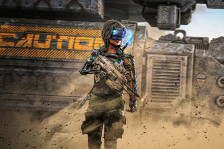 A futuristic woman warrior in sci-fi armor wields an advanced weapon, standing confidently in a dusty, industrial environment. 4K Ultra HD PC desktop wallpaper.