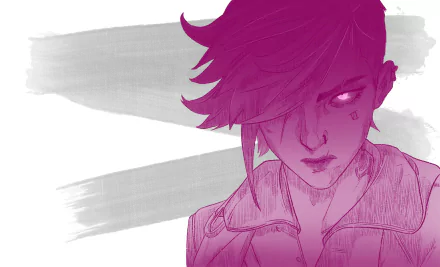 HD desktop wallpaper featuring VI from the TV show Arcane, based on League of Legends, with a stylized purple and gray artistic design.