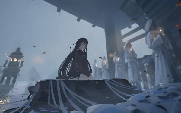 HD PC desktop wallpaper featuring Hu Tao from the video game Genshin Impact, set in a misty, atmospheric scene with lanterns and traditional architecture.