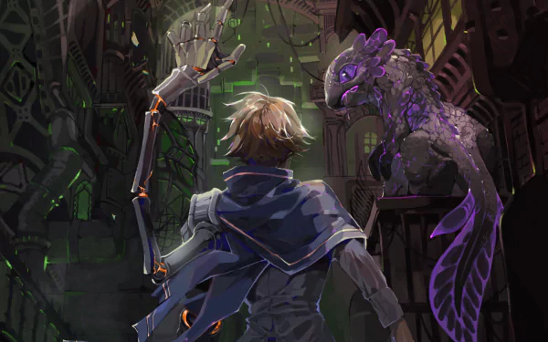 HD PC desktop wallpaper featuring Viktor from the TV show Arcane, showcasing him with a mechanical arm and a glowing, ethereal creature in a dark, futuristic setting.