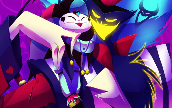 HD PC desktop wallpaper featuring Fizzarolli and Asmodeus from the TV show Helluva Boss in vibrant, dynamic colors.