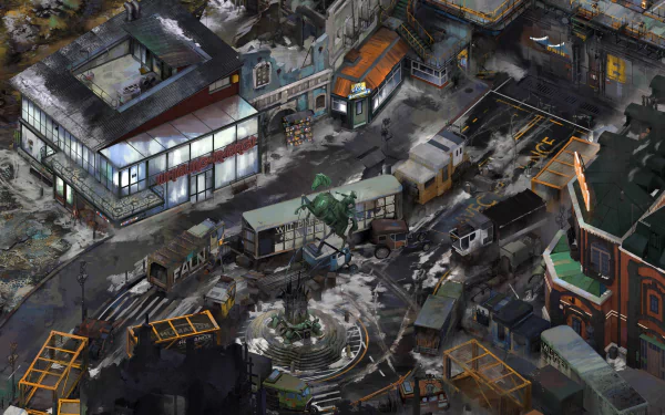 HD PC desktop wallpaper featuring a detailed urban scene from the video game Disco Elysium, showcasing its distinctive art style and atmospheric cityscape.