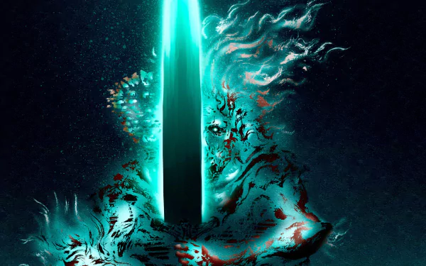 HD PC desktop wallpaper featuring Ludwig from the video game Bloodborne, depicted with a glowing sword and eerie, dark atmospheric effects.