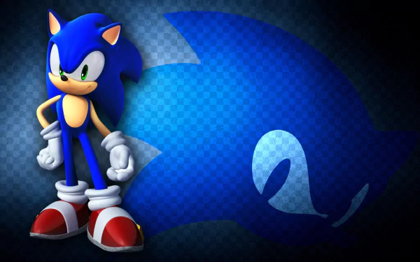 HD PC desktop wallpaper featuring Sonic the Hedgehog from the video game Sonic Unleashed with a bold blue Sonic silhouette background.