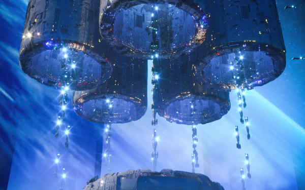 4K Ultra HD sci-fi wallpaper showing a futuristic space station orbiting a blue planet, illuminated by bright lights and technological structures against the dark cosmos.