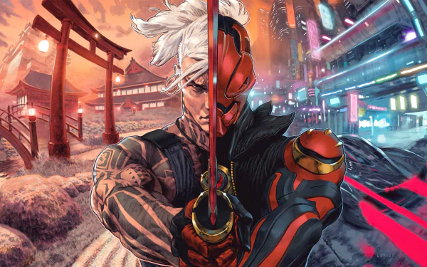 Fortnite Loading Screen: split samurai warrior between neon cyberpunk city and torii-lined countryside — video game artwork, 4K Ultra HD PC desktop wallpaper and background.