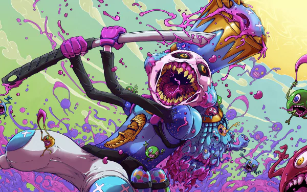 Vibrant Fortnite loading screen featuring a chaotic, colorful character splashing paint, rendered in 4K Ultra HD as a dynamic PC desktop wallpaper and background.