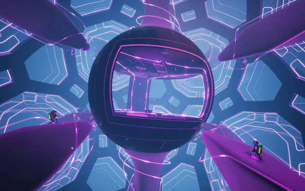 Video game Astroneer 4K Ultra HD PC desktop wallpaper and background: astronaut in a glowing spherical module amid purple platforms and neon hexagonal tunnel patterns.