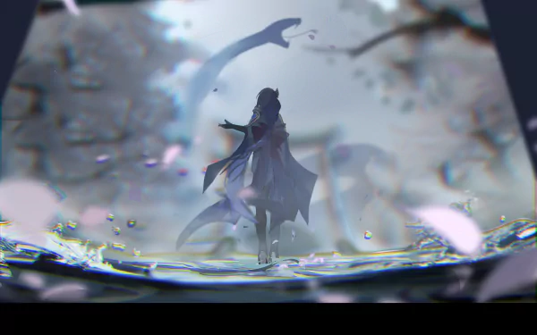 HD desktop wallpaper and background featuring Baal Raiden Shogun from the video game Genshin Impact, showcasing a serene and mystical scene with cherry blossom petals and a blurred serpent in the background.