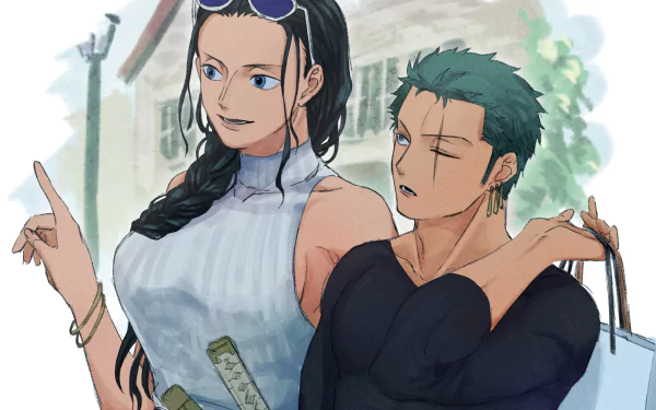 One Piece: Two Years Later HD PC wallpaper — Nico Robin and Roronoa Zoro; Robin points ahead as Zoro leans with a bag, anime desktop background.