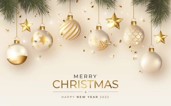 Elegant 4K Ultra HD Christmas wallpaper featuring gold and white baubles, stars, and pine branches with Merry Christmas and Happy New Year 2022 text.