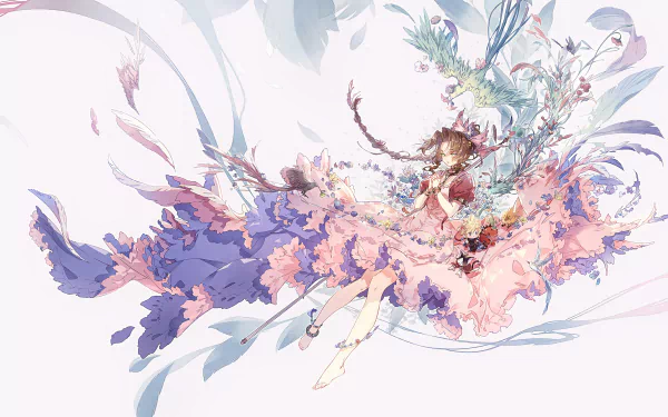 HD PC desktop wallpaper featuring Aerith Gainsborough from the video game Final Fantasy VII, surrounded by delicate floral and ethereal elements in soft pastel tones.
