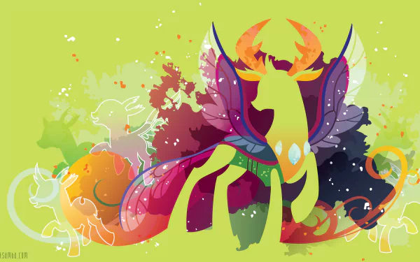 Minimalist 4K Ultra HD PC wallpaper of Thorax from the TV show My Little Pony: Friendship Is Magic — neon silhouette with butterfly-like wings over an abstract splash background.