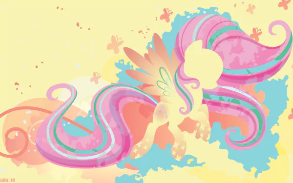 Minimalist 4K Ultra HD desktop wallpaper of Fluttershy (My Little Pony: Friendship Is Magic) — pastel silhouette with flowing pink-teal mane, wings and butterfly accents.
