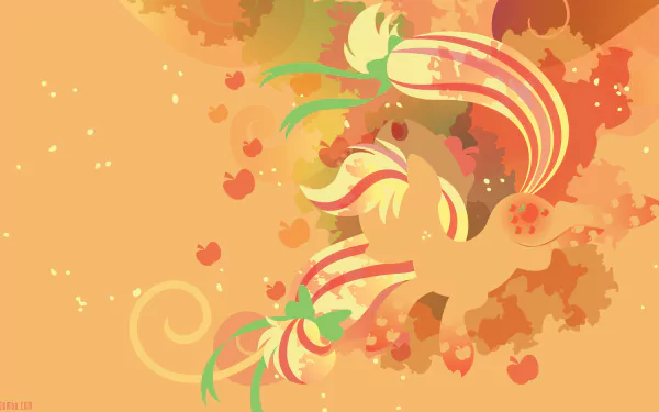 Minimalist 4K Ultra HD wallpaper featuring Applejack from the TV show My Little Pony: Friendship Is Magic, surrounded by autumn leaves and apples in warm orange tones.