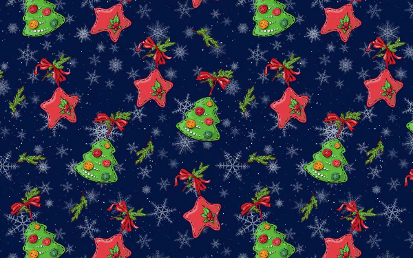 5K Ultra HD PC desktop wallpaper/background showing a repeating holiday pattern of green Christmas trees, red star ornaments, holly bows and white snowflakes on a navy background.