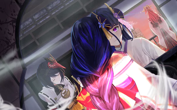 4K Ultra HD desktop wallpaper featuring Yae Miko Guuji, Baal Raiden Shogun, and Kujou Sara from the video game Genshin Impact in a dynamic, detailed scene.