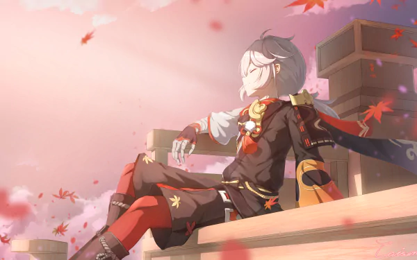 Kaedehara Kazuha from Genshin Impact relaxes amid falling autumn leaves in a serene 4K Ultra HD PC desktop wallpaper background.