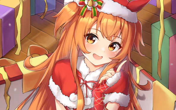 Mayano Top Gun from Uma Musume: Pretty Derby — anime 2K Quad HD desktop wallpaper showing a smiling Santa-costumed girl with long orange hair and wrapped gifts around her.