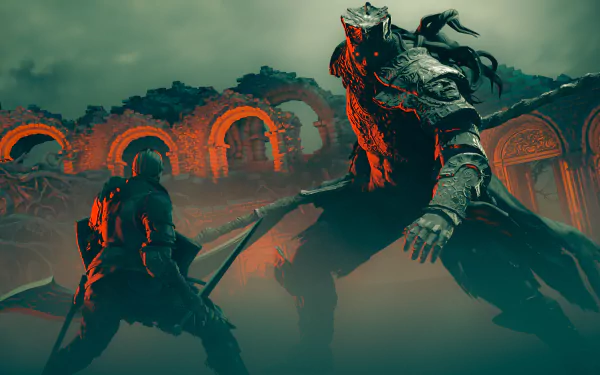 4K Ultra HD Dark Souls III PC wallpaper featuring an intense battle scene with a knight facing a towering, armored enemy amidst ancient ruins and a smoky, dark atmosphere.