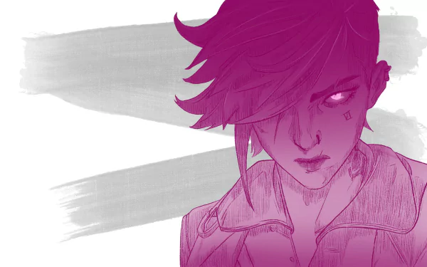 HD desktop wallpaper featuring VI from the TV show Arcane, based on League of Legends, with a stylized purple and gray artistic design.
