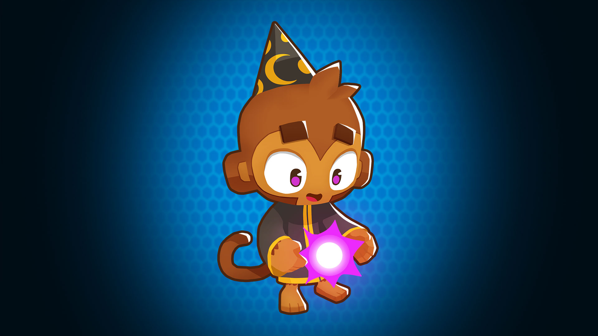 HD wallpaper of Bloons TD 6 wizard monkey character with magical orb on blue background for desktop.