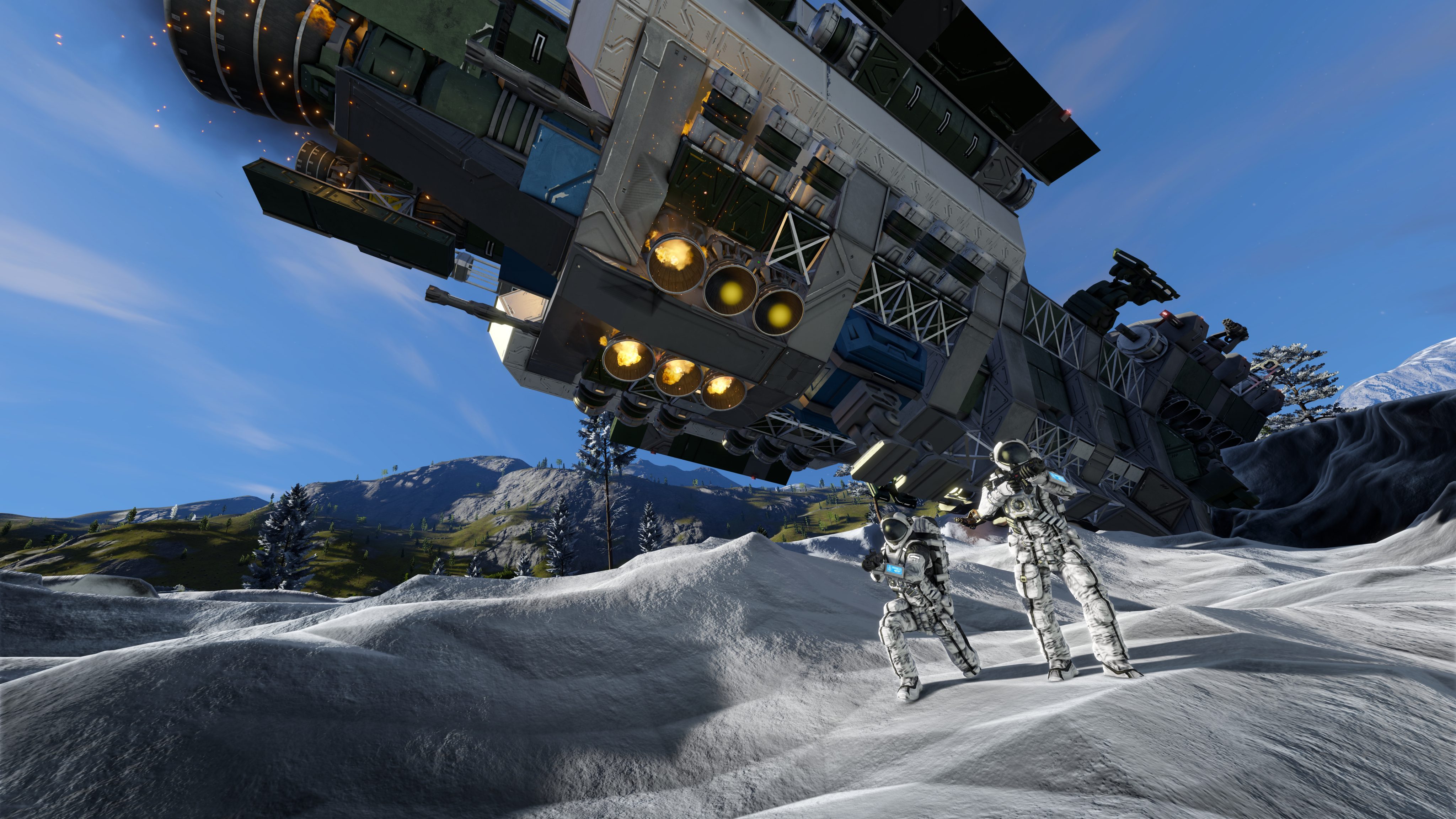 HD desktop wallpaper featuring space engineers next to a futuristic spacecraft on a snowy extraterrestrial landscape, ideal for a sci-fi themed background.