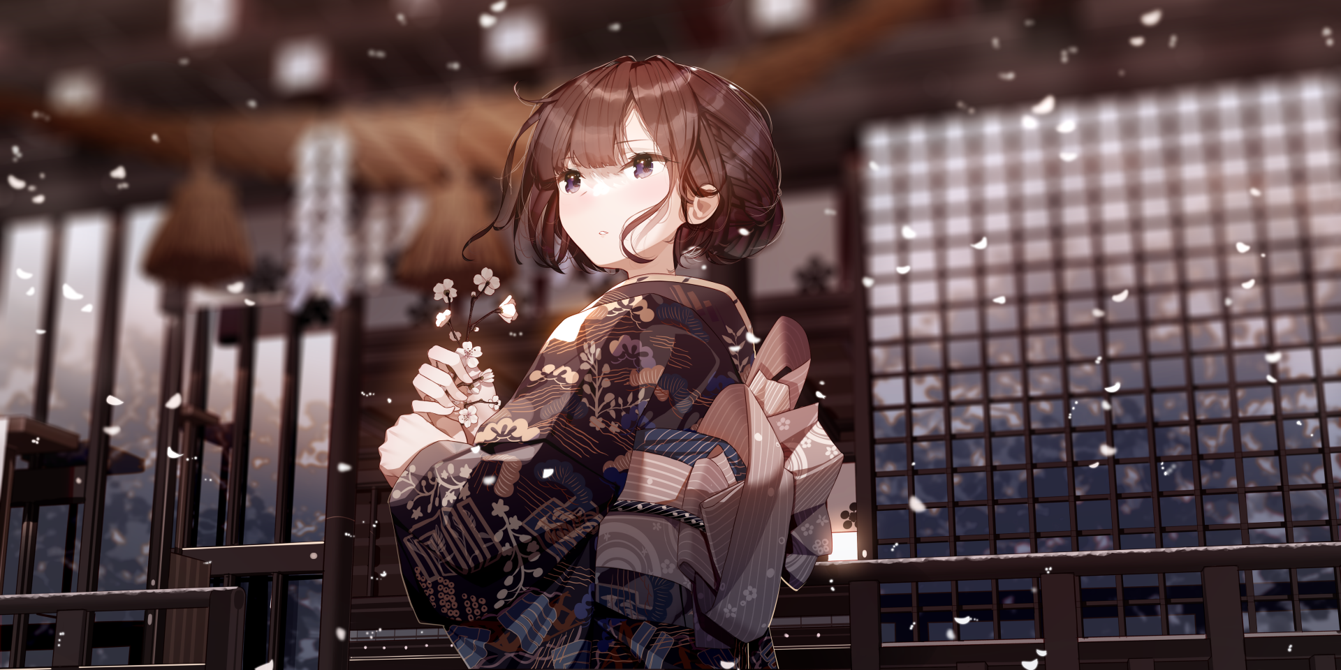 4K Ultra HD PC wallpaper of an anime girl in a patterned kimono on a wooden veranda, holding flowers as soft snow falls, bathed in warm lantern light with shoji screens in the background.