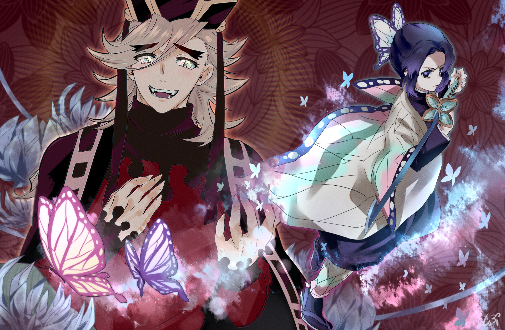 HD PC desktop wallpaper of Demon Slayer: Shinobu Kochou and Doma facing each other amid glowing butterflies and swirling pink-blue mist, anime-style Demon Slayer: Kimetsu no Yaiba artwork.
