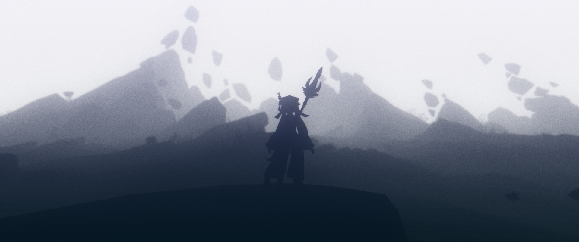 Silhouetted Hu Tao from Genshin Impact stands on a ridge with her polearm against misty mountains — 2K Quad HD PC wallpaper/background, video game artwork.