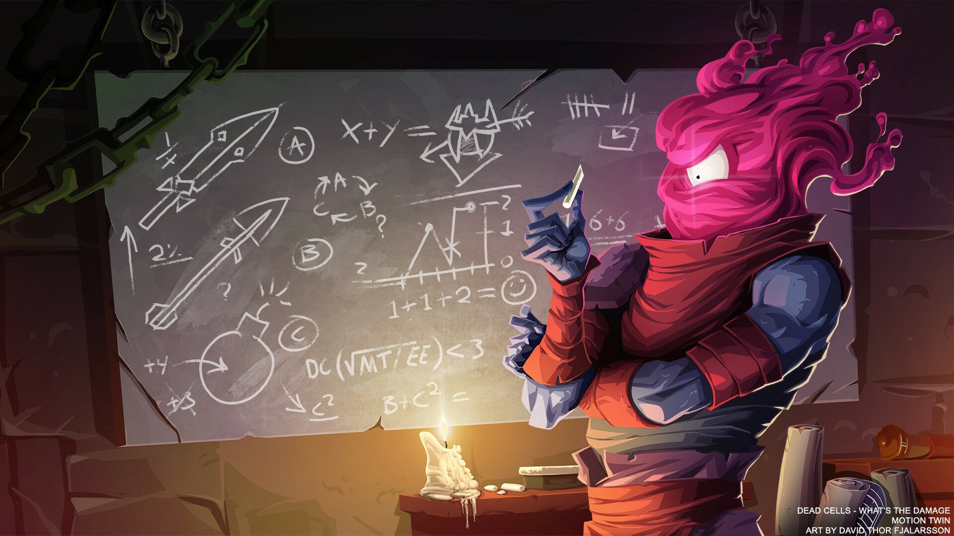 A vibrant HD wallpaper from the video game Dead Cells, featuring a character deep in thought, surrounded by scientific diagrams and equations on a chalkboard.