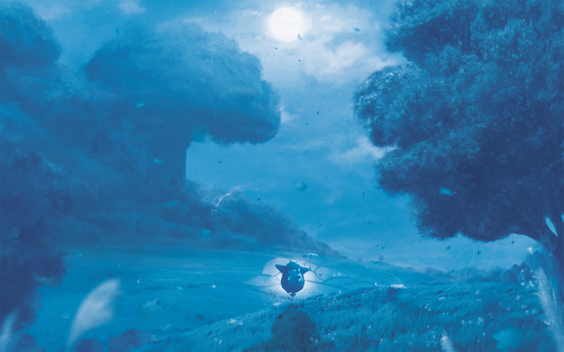 HD anime desktop wallpaper featuring Totoro from My Neighbor Totoro standing in a moonlit, misty forest under a glowing full moon.