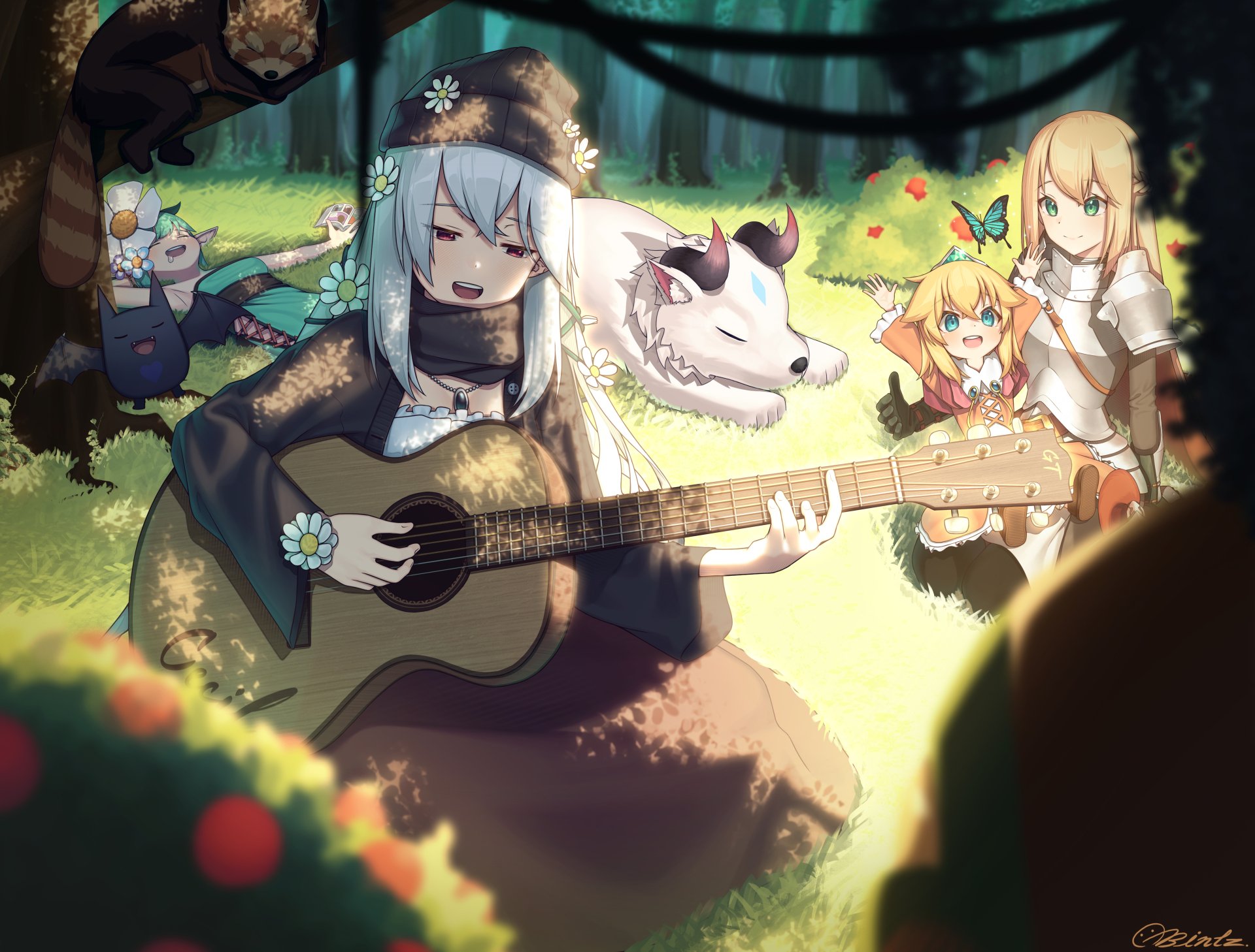 4K Ultra HD Guardian Tales wallpaper featuring Knight, White Beast, Little Princess, Cecil, and Aoba in a vibrant forest scene with a character playing guitar.