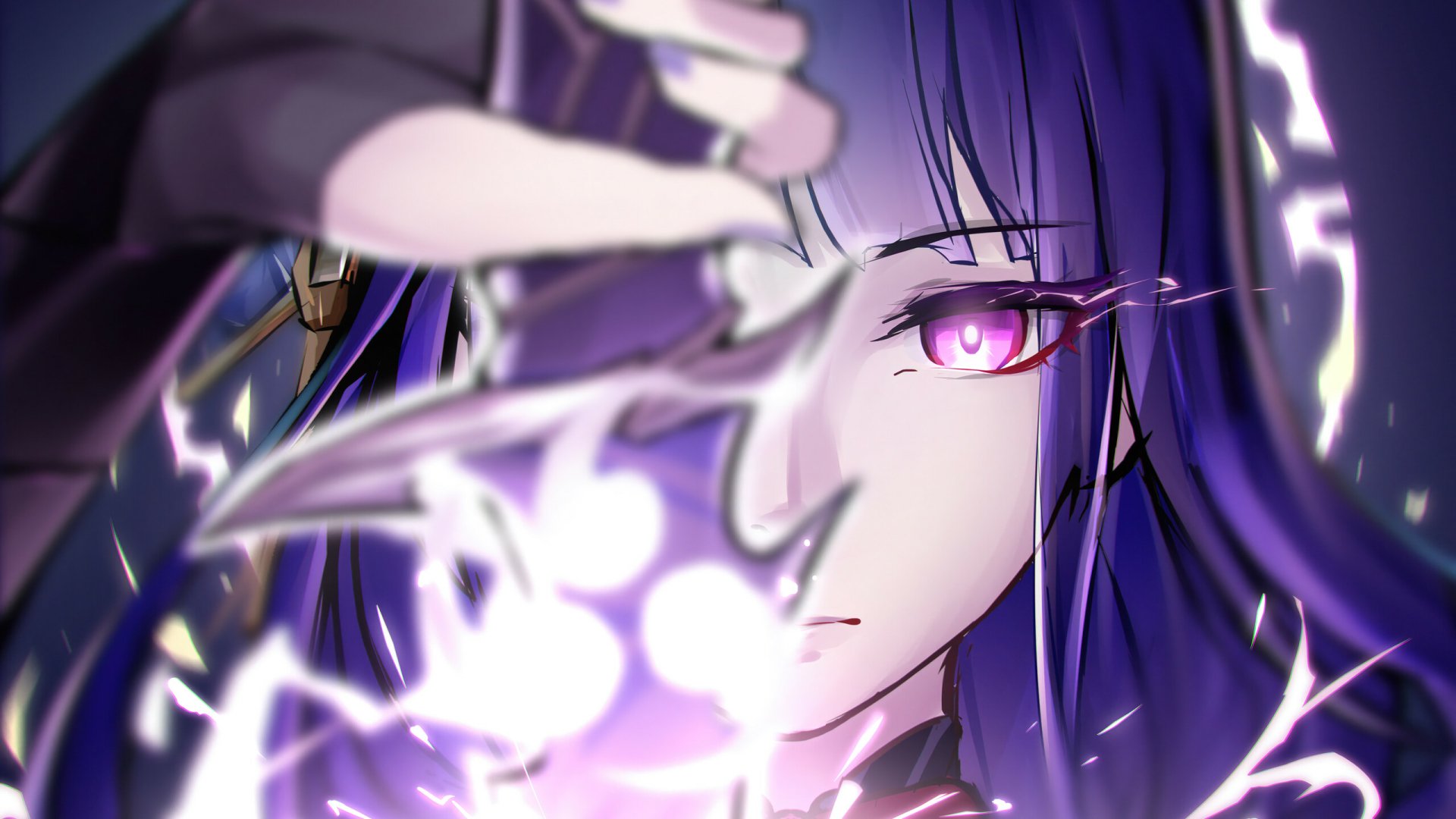 HD PC desktop wallpaper featuring Baal Raiden Shogun from Genshin Impact, showcasing her intense gaze and electric powers in vibrant detail.