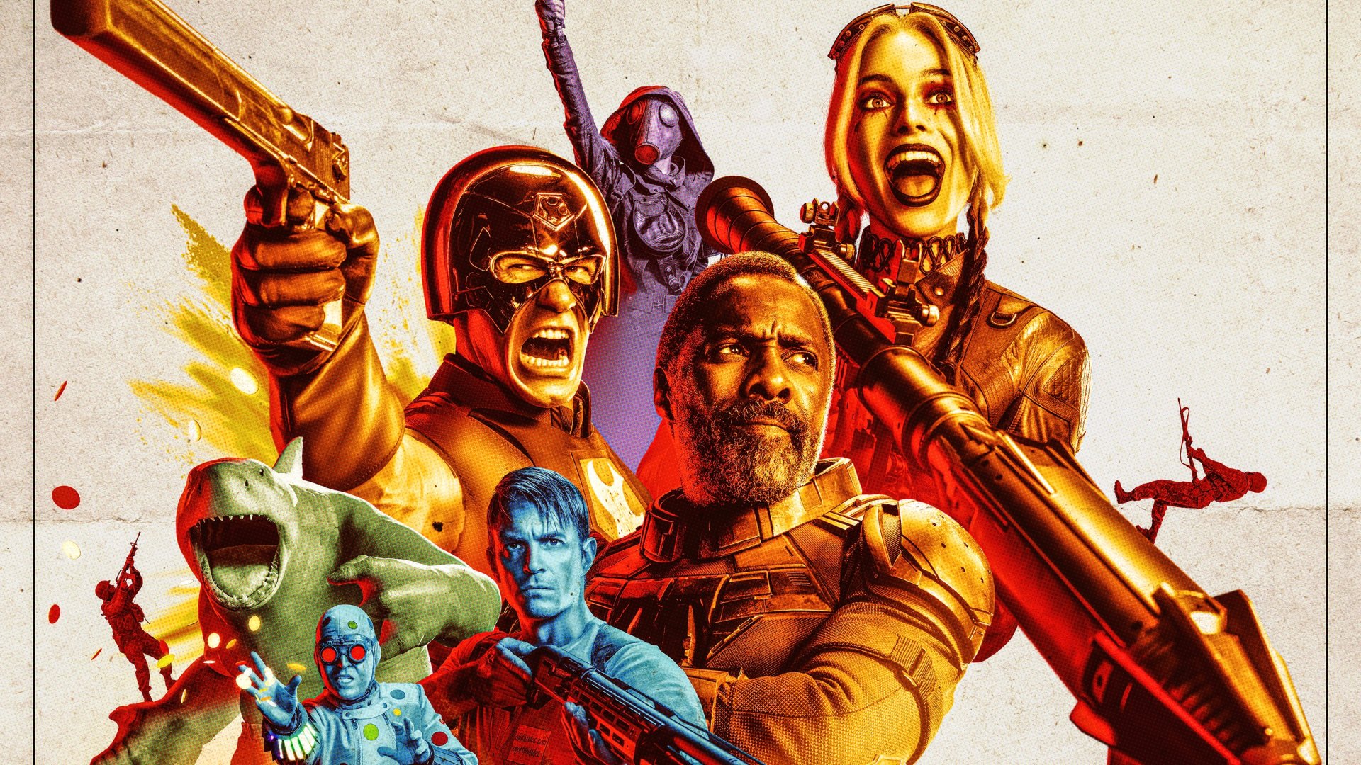 2K Quad HD PC desktop wallpaper for The Suicide Squad featuring Peacemaker, Rick Flag, Harley Quinn, Bloodsport and King Shark in a bold comic-style action collage.