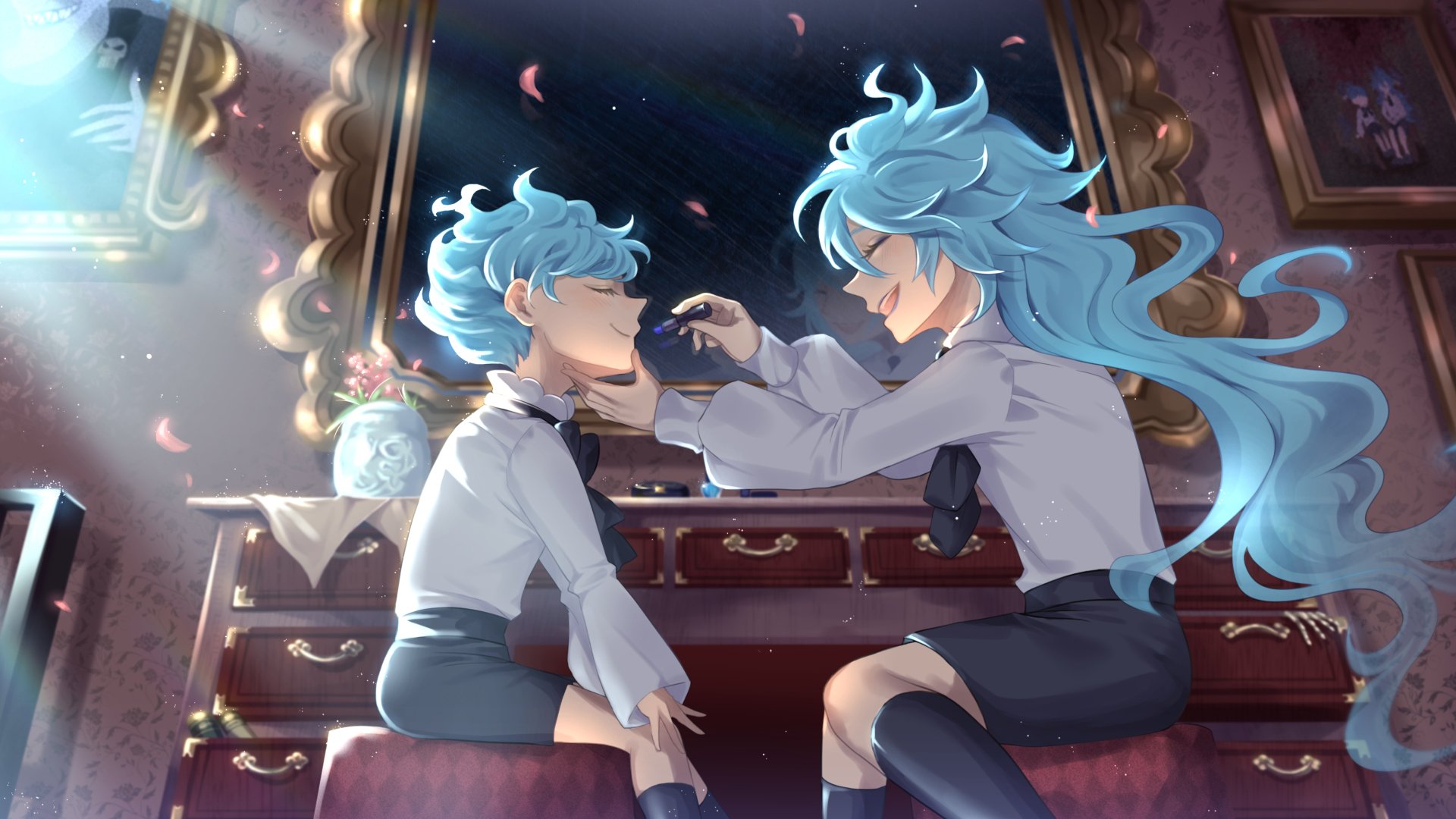 Ortho and Idia Shroud (Twisted Wonderland) share a quiet, intimate moment in a soft-lit room; long blue hair flows — 2K Quad HD PC desktop wallpaper/background, video game art.