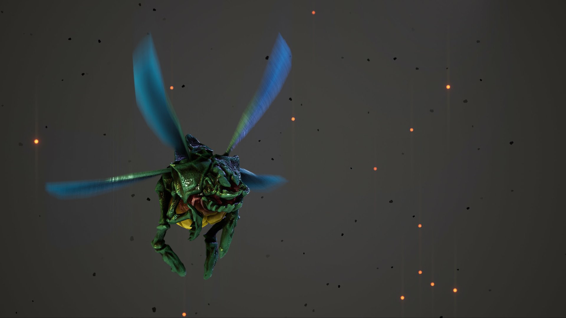 HD Deep Rock Galactic desktop wallpaper featuring a creature with glowing wings on a dark background with floating particles.