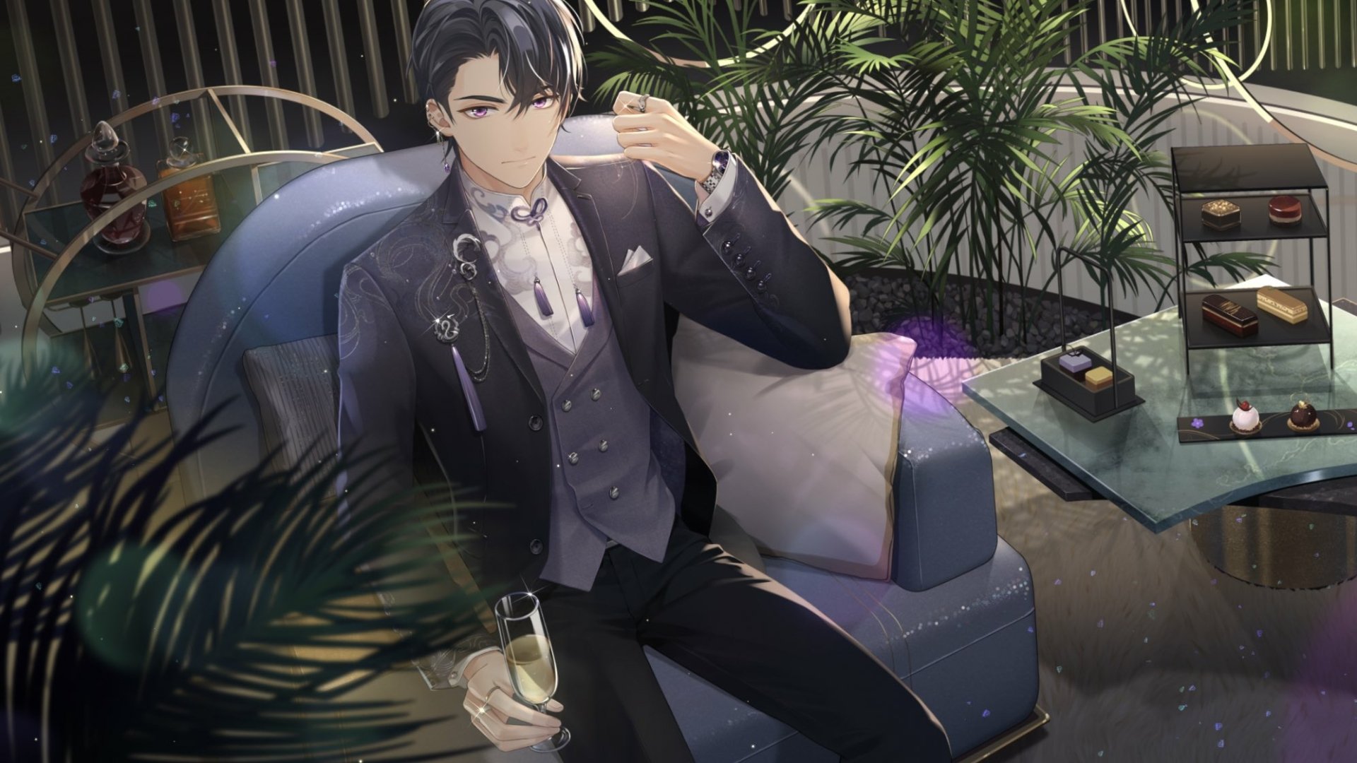 Izumi Kei from the video game Tears of Themis seated on a sofa in a suit, holding a glass, surrounded by plants and soft light — HD PC desktop wallpaper/background.