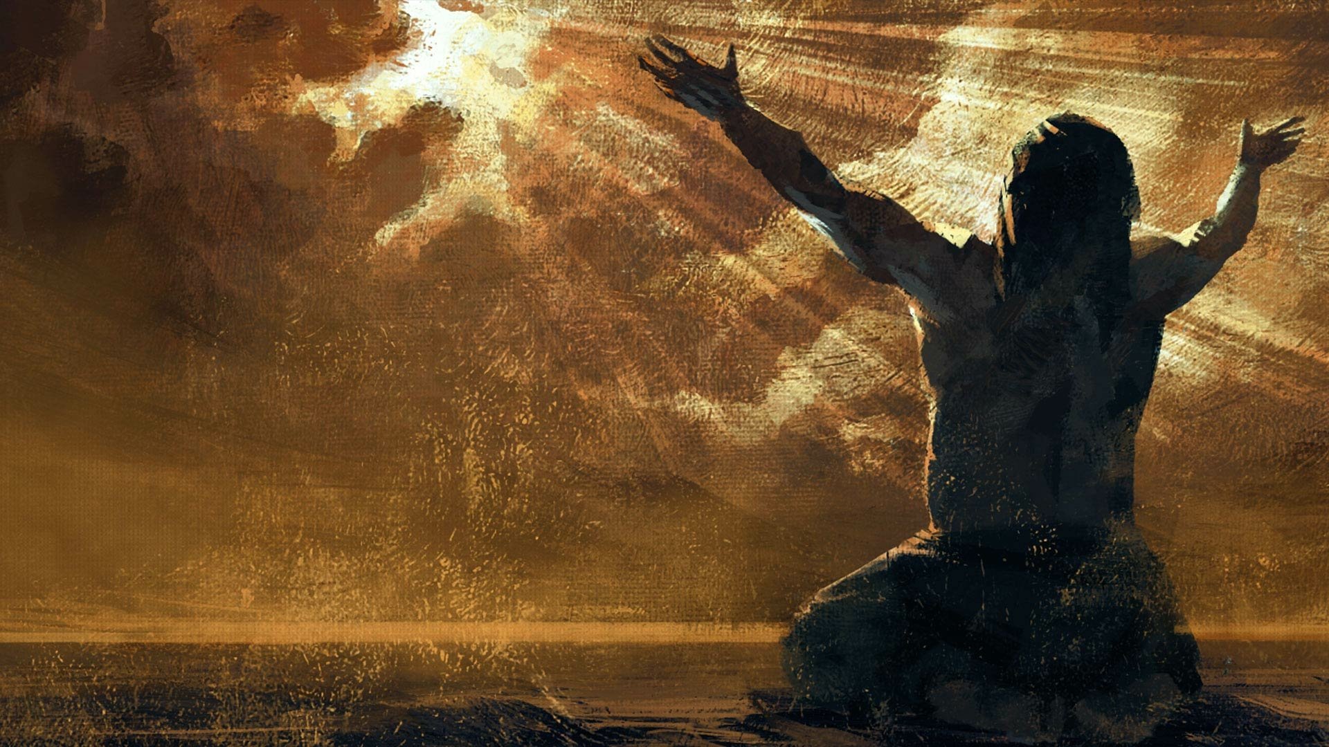 A dramatic scene from Crusader Kings III, featuring a figure kneeling with outstretched arms against a backdrop of golden clouds and rays of light. HD wallpaper for immersive gaming.