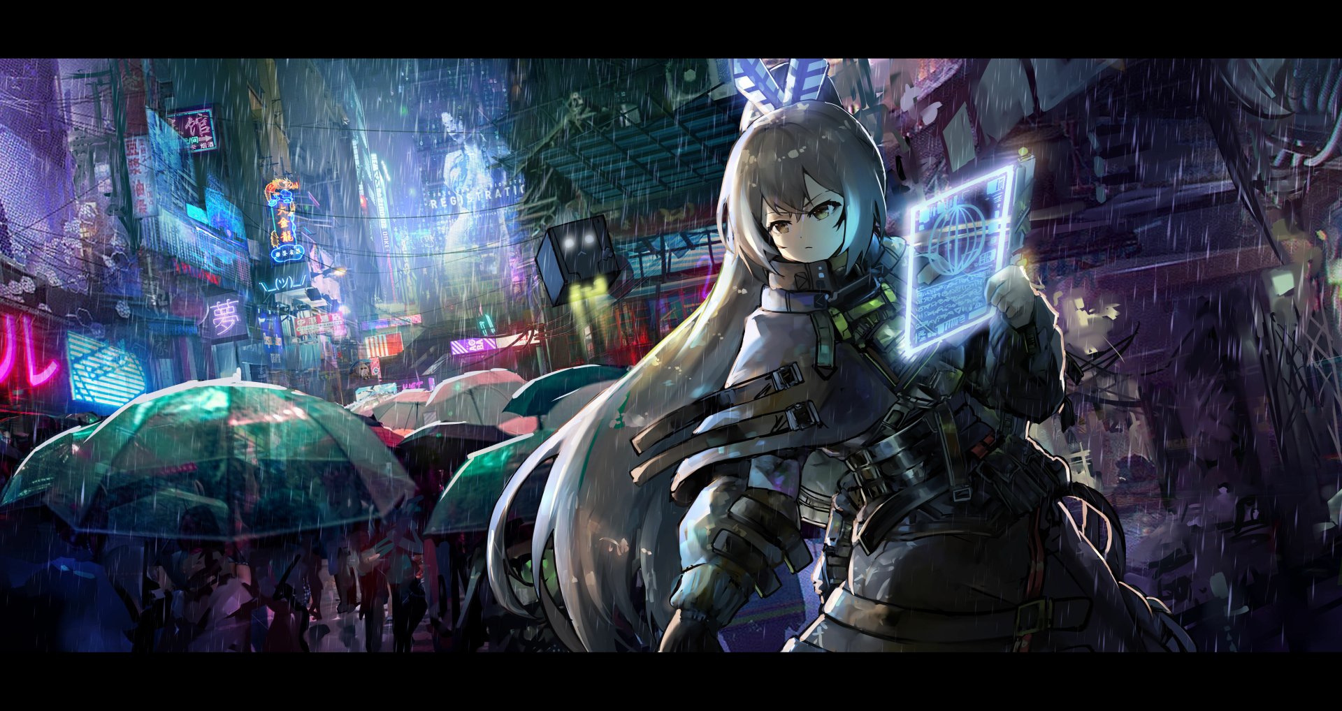 Cyberpunk anime scene of Virtual YouTuber Nanashi Mumei (hololive) in a rain-soaked neon city, holding a holographic tablet — 5K Ultra HD PC desktop wallpaper.
