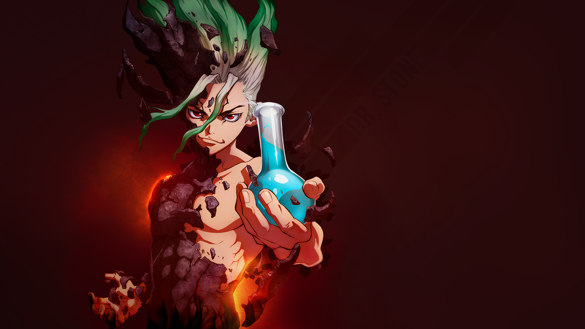 HD PC desktop wallpaper of Senku Ishigami from Dr. Stone — anime-style portrait with green-and-white hair, holding a glowing blue potion against a dark red background.