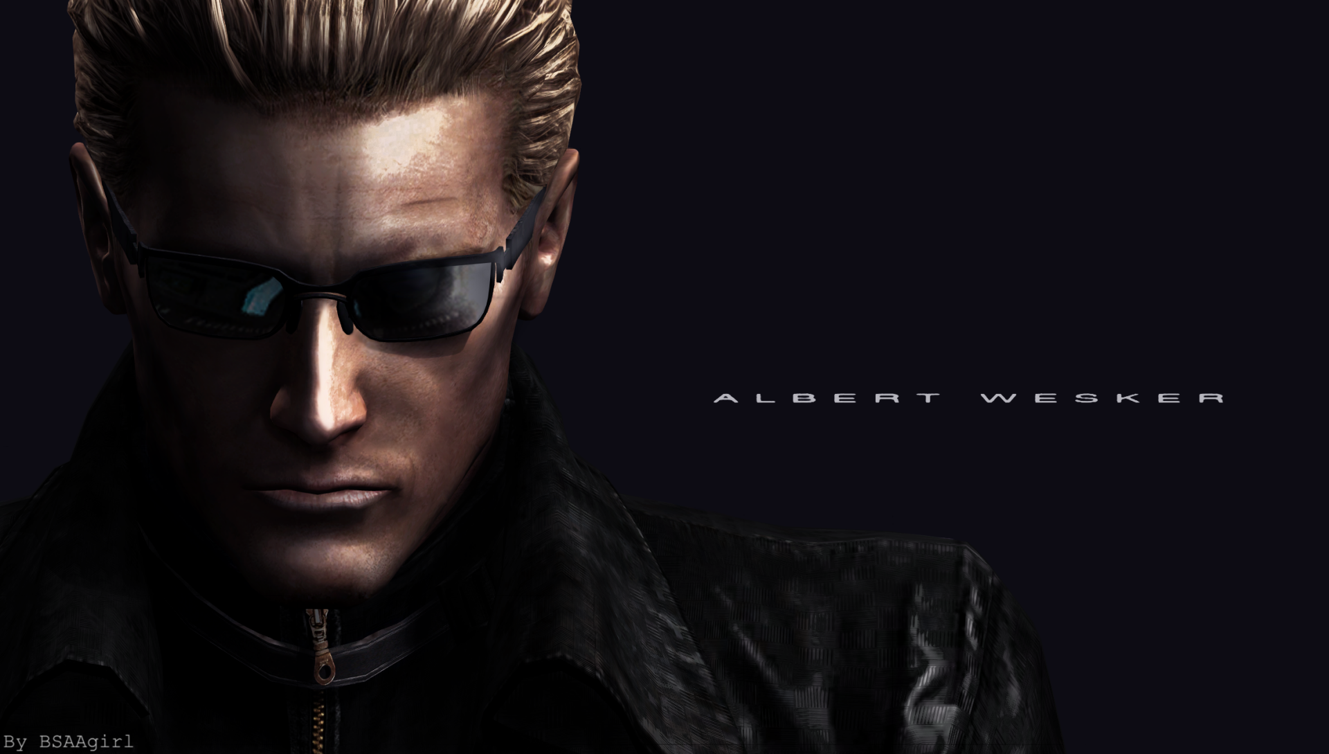 HD PC desktop wallpaper of Albert Wesker from the video game Resident Evil — close-up of his stern face in sunglasses and a leather jacket against a dark background.