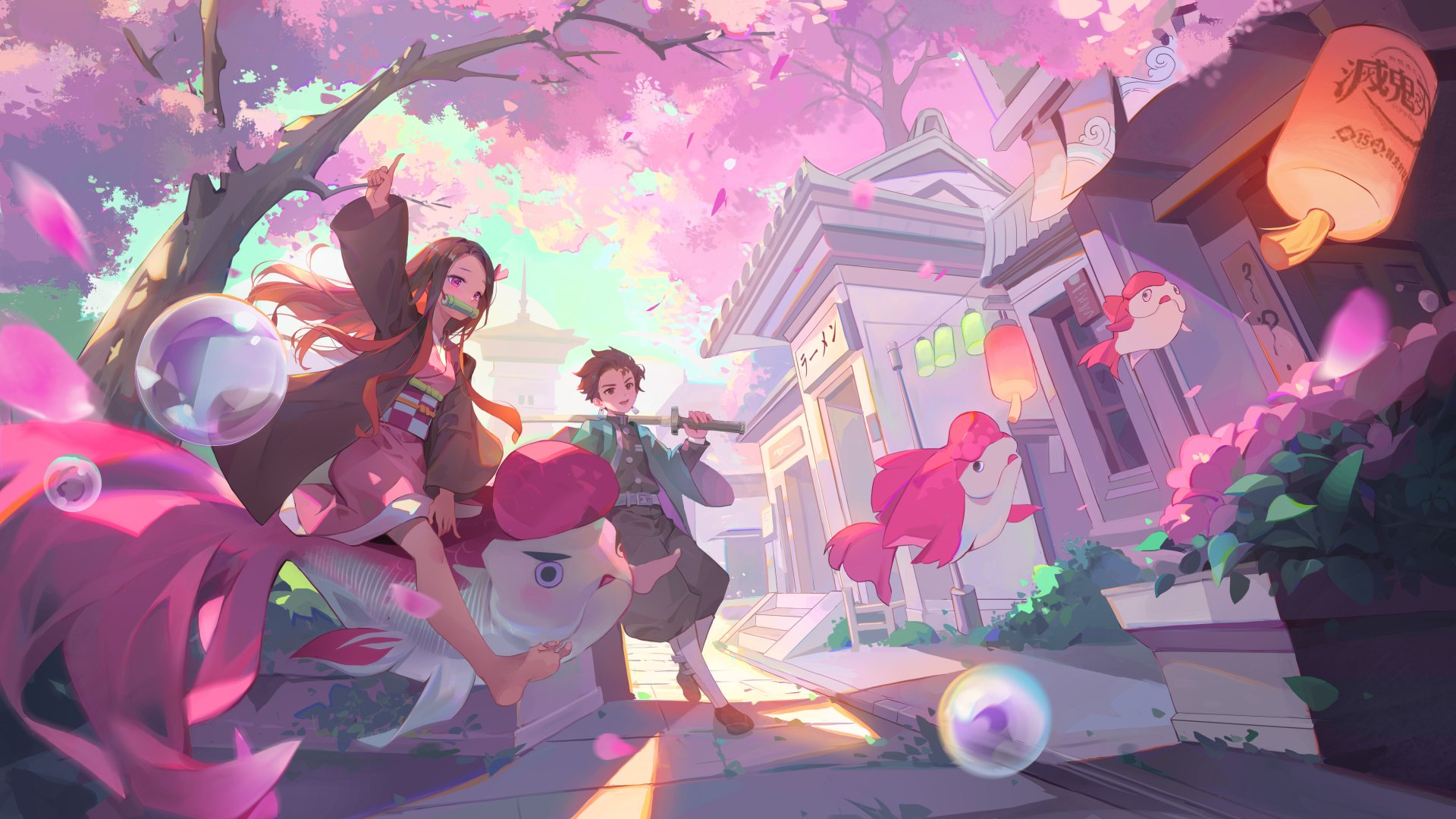 4K Ultra HD anime wallpaper featuring Tanjiro Kamado and Nezuko Kamado from Demon Slayer: Kimetsu no Yaiba in a vibrant, cherry blossom-filled scene.