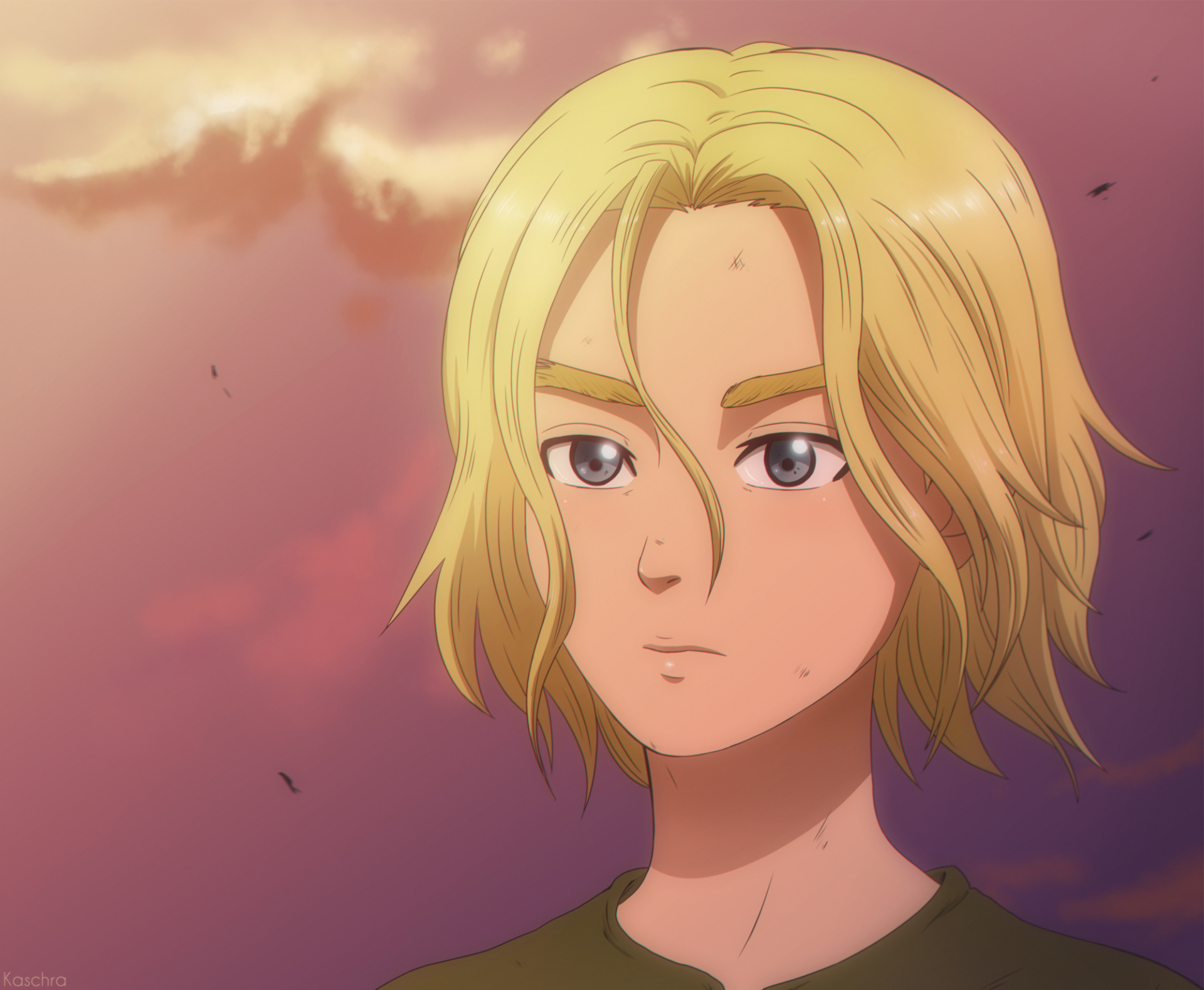 HD PC desktop wallpaper: close-up anime portrait of Askeladd (Vinland Saga) with blond hair and a steady gaze against a dusky sky.