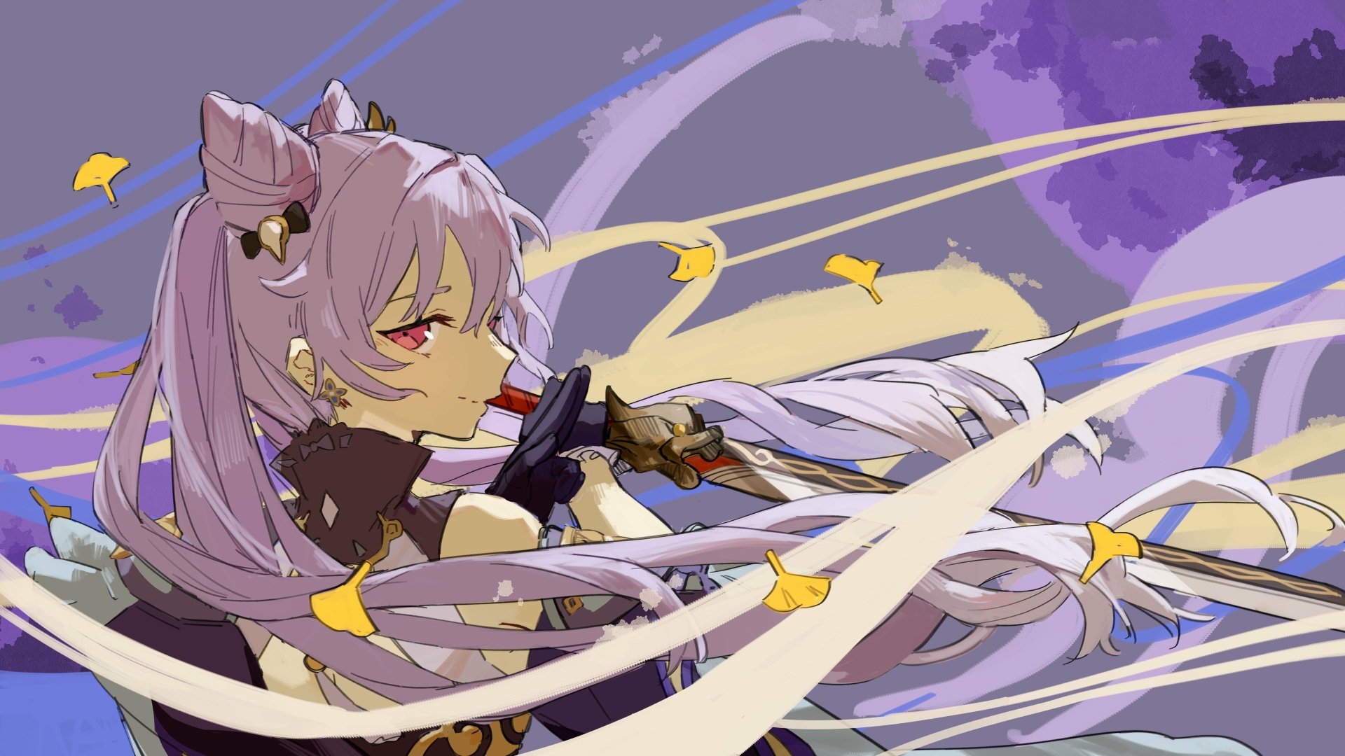 4K Ultra HD PC desktop wallpaper/background of Keqing (Genshin Impact), poised with her sword amid flowing ribbons, golden ginkgo leaves and a moody purple sky.
