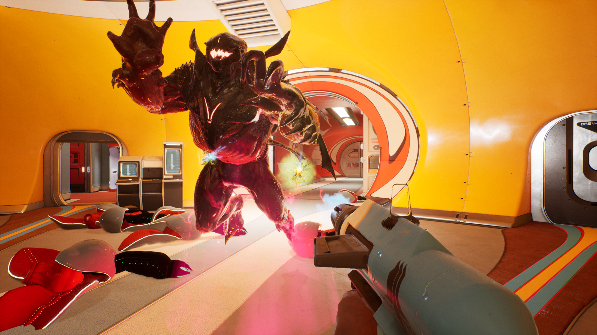 HD desktop wallpaper featuring a scene from The Anacrusis with a player character shooting at an alien creature in a vibrant spaceship corridor.