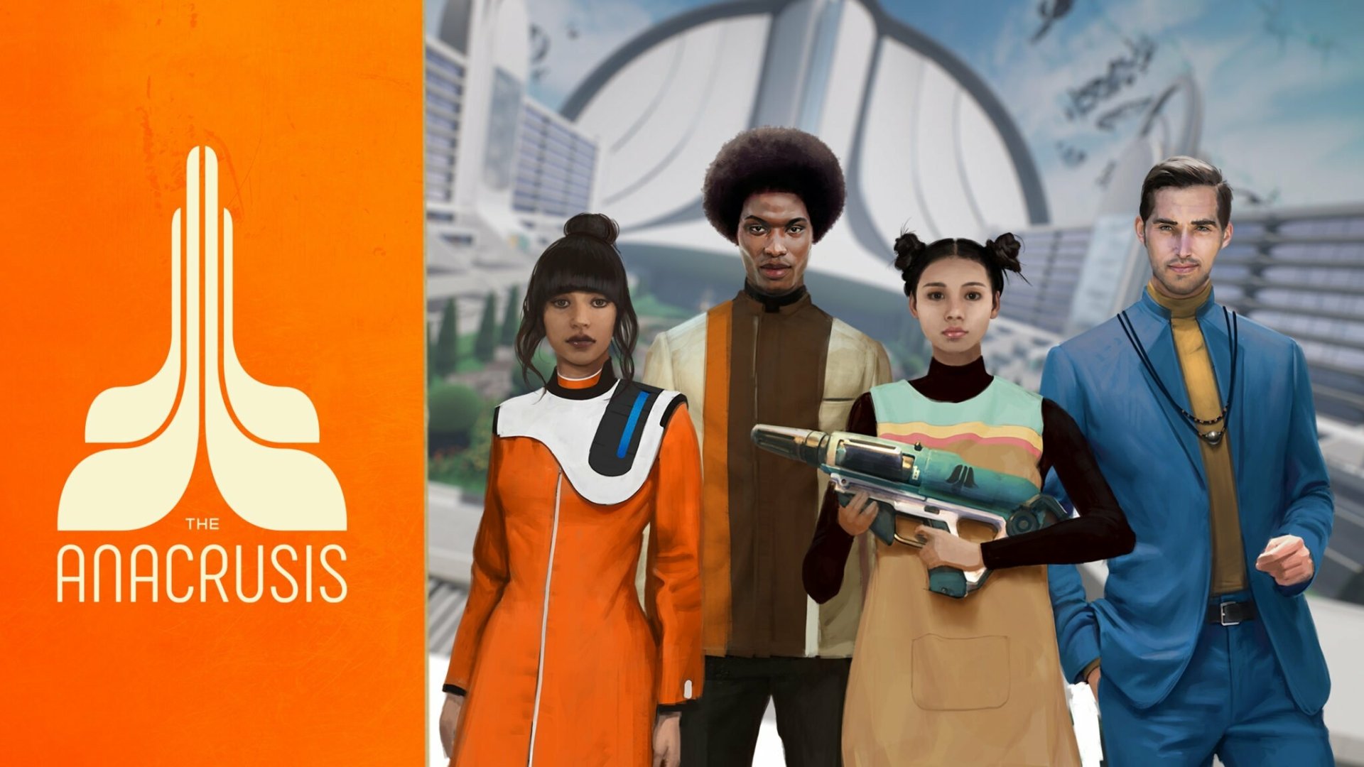 HD desktop wallpaper featuring characters from The Anacrusis game with logo and futuristic background.