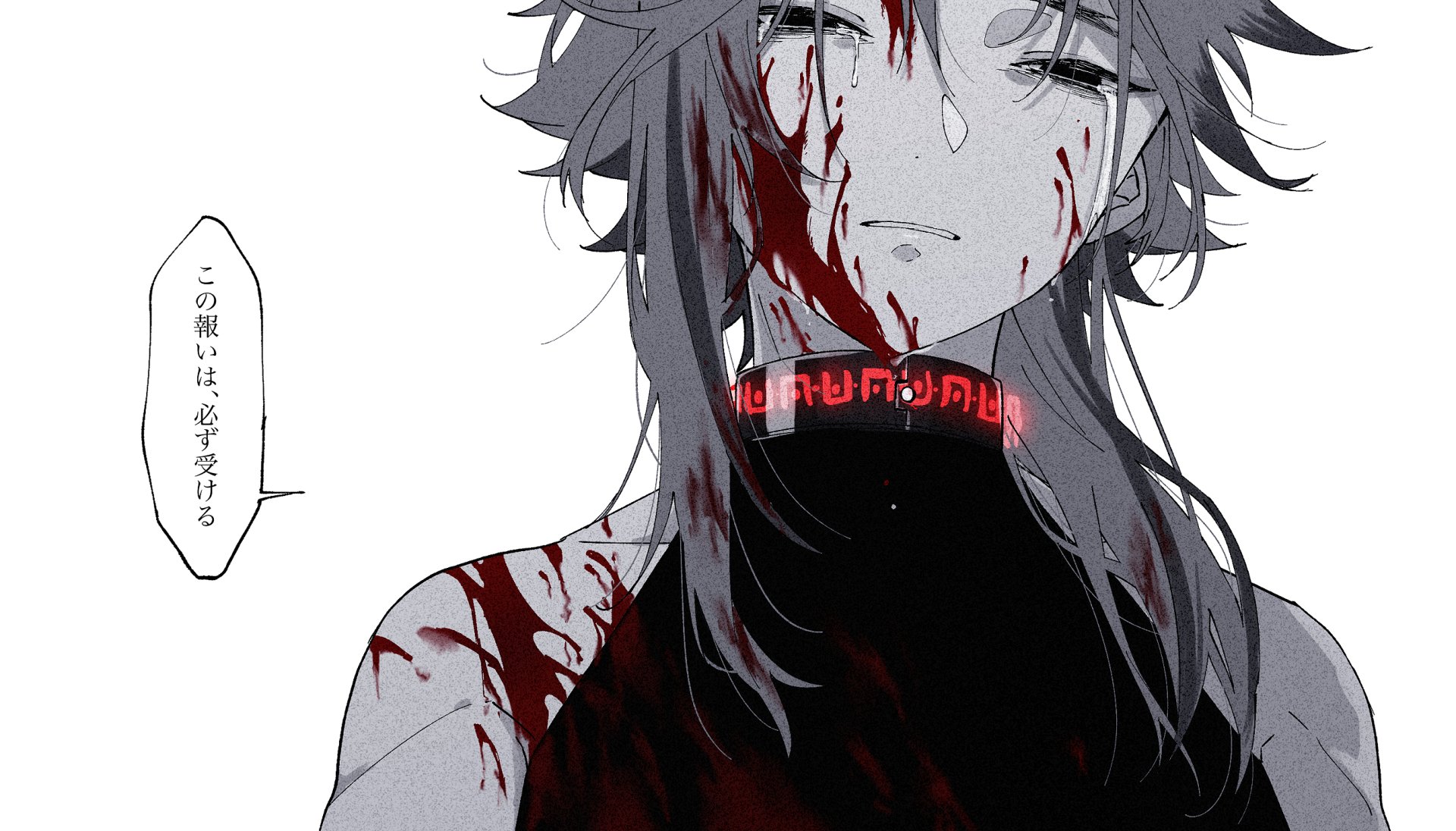 HD PC desktop wallpaper featuring Xiao from the video game Genshin Impact, depicted with a serious expression and blood splatters on a monochrome background.