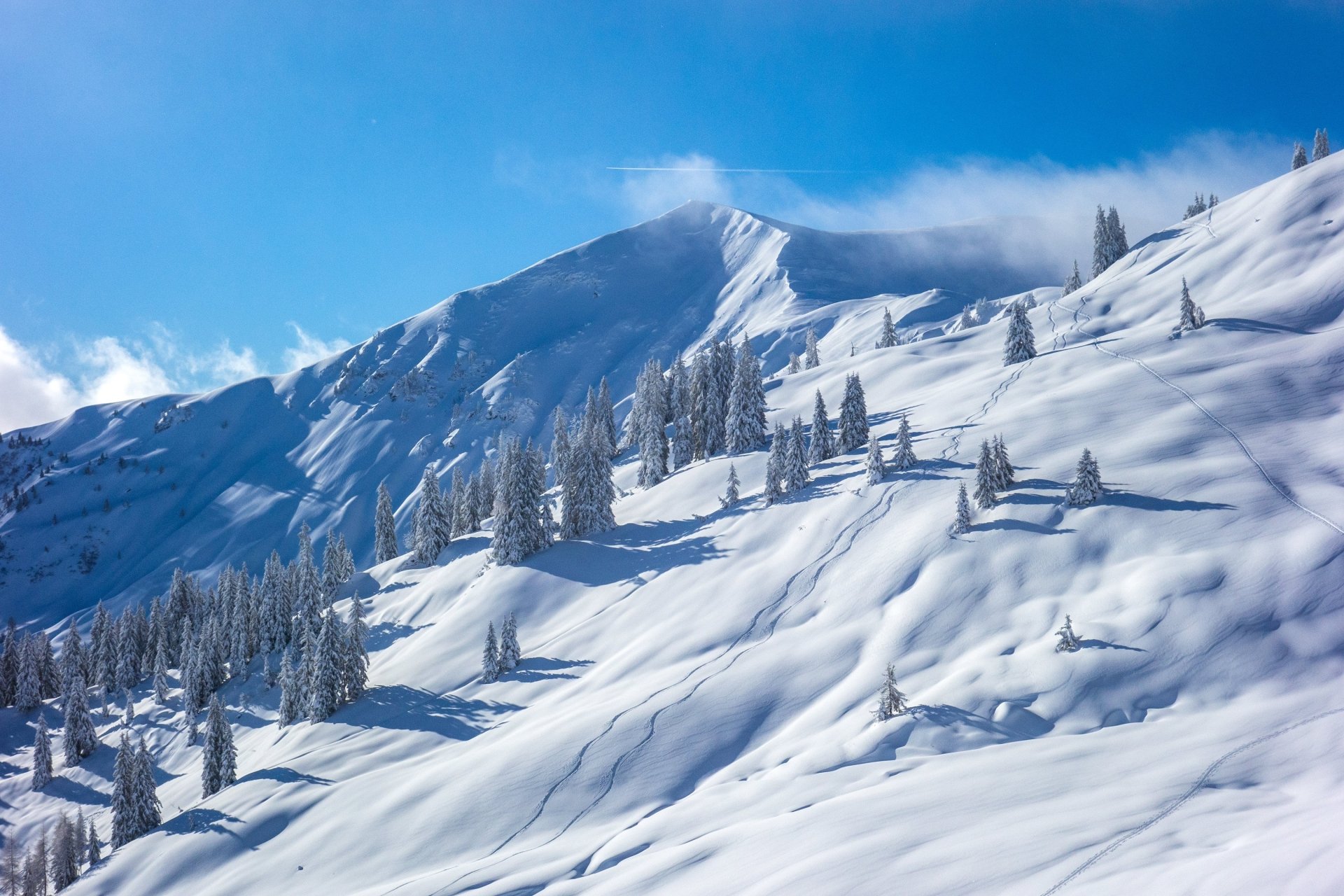 Snow-covered alpine slopes and trees under a clear blue sky in Austria, showcasing the serene winter beauty of the Alps in this HD desktop wallpaper.